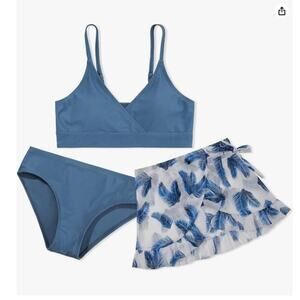 Girls' Size 11-12 Yr Bathing Suit 3 Piece Swim Set Bikini & Sheer Skirt Blue